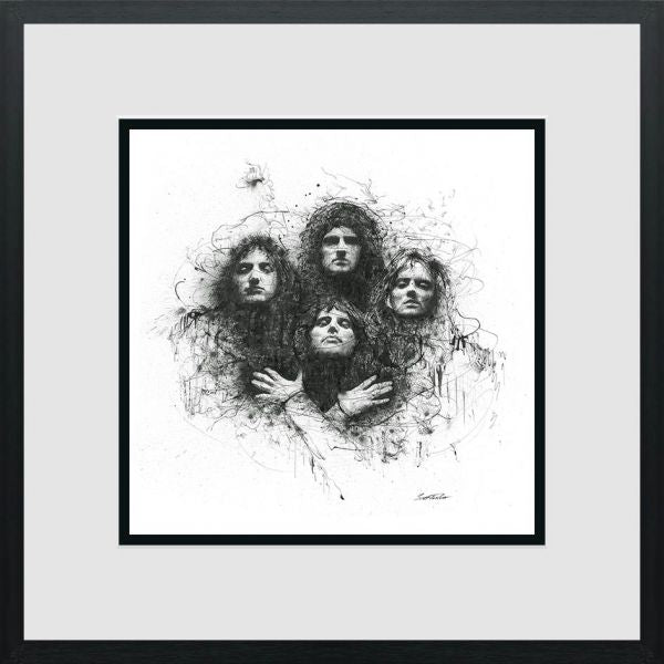 Limited-edition print by Scott Tetlow, black-and-white sketch of four musicians’ faces in expressive, flowing lines.
