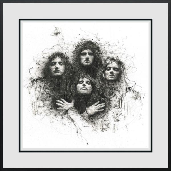 Limited edition print by Scott Tetlow, monochrome sketch of four rock musicians’ faces in a loose, expressive style.