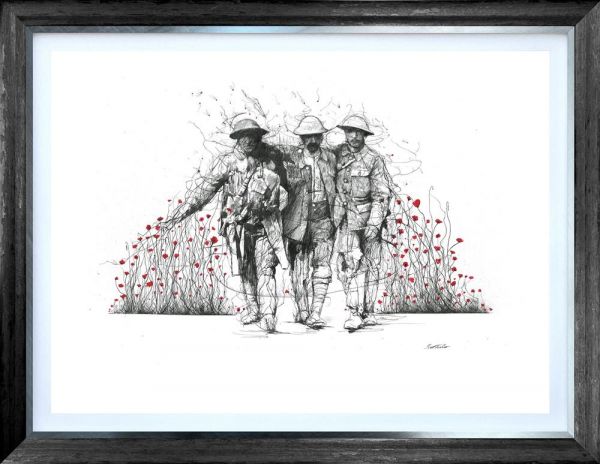 Limited edition print by Scott Tetlow, depicting three linked soldiers in monochrome amid red poppies on paper.