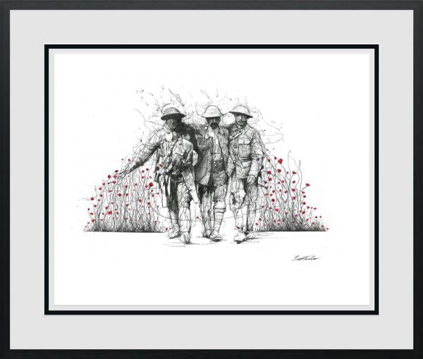 Limited edition print by Scott Tetlow, monochrome artwork of three soldiers walking arm in arm among red poppies.