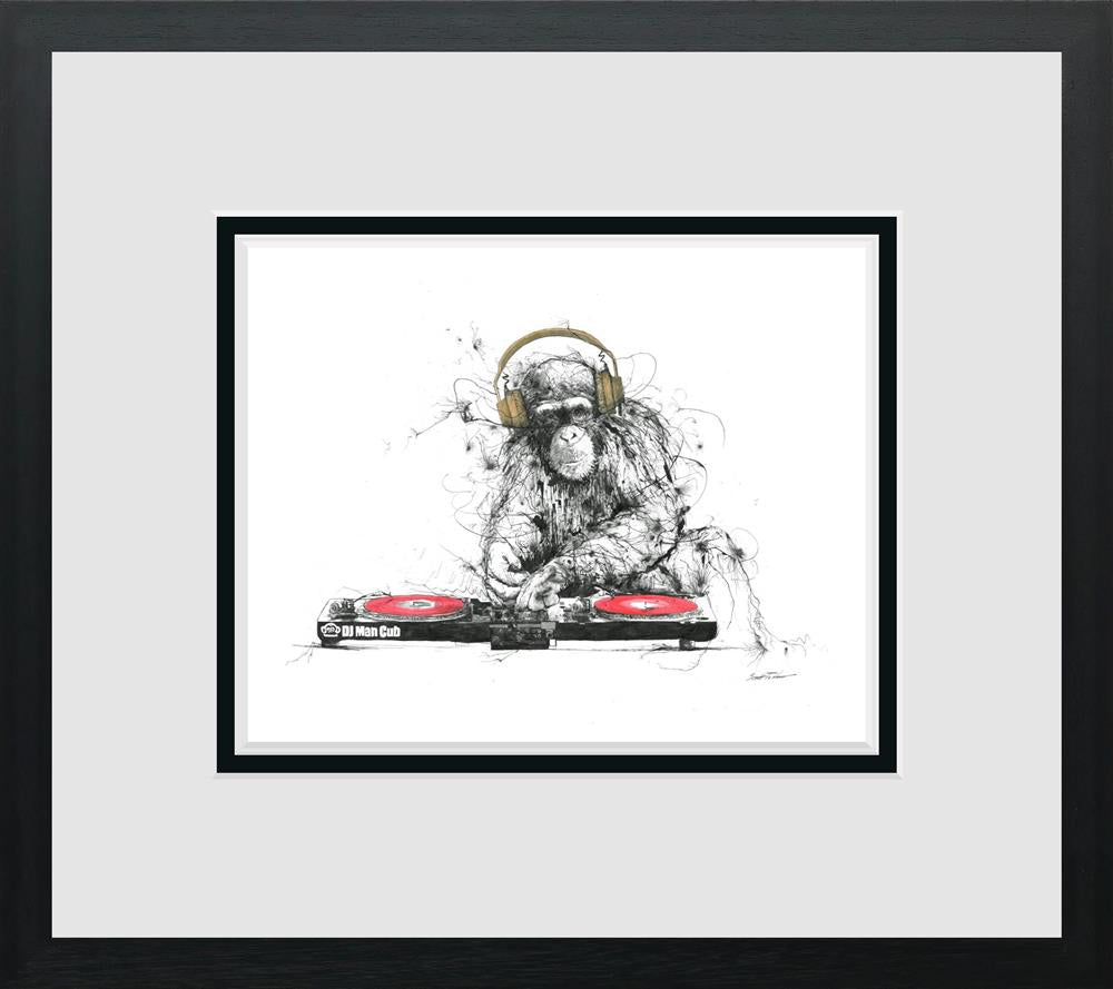 Scott Tetlow DJ Man Cub II miniature limited edition print of chimp family signed and framed