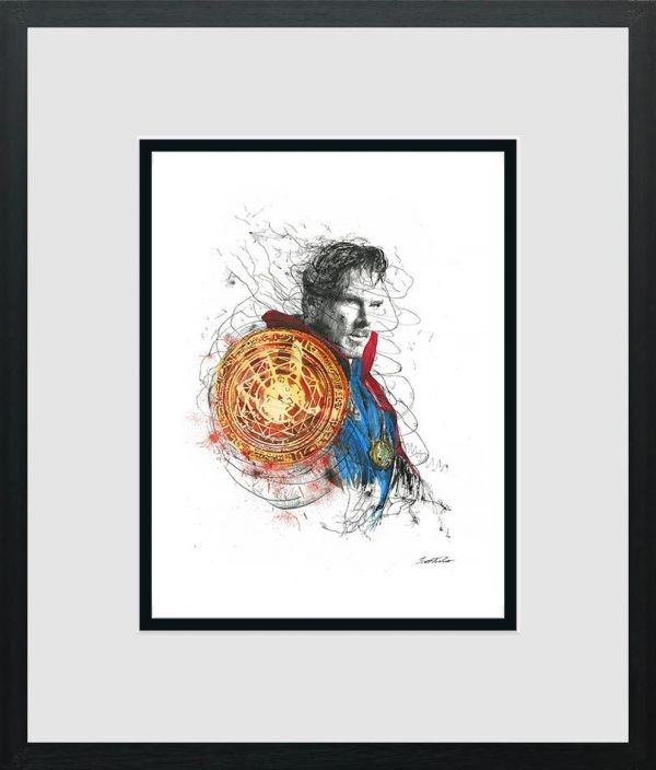 Dr Strange limited edition print by Scott Tetlow, featuring a blue-cloaked figure and intricate red and gold magic circle.