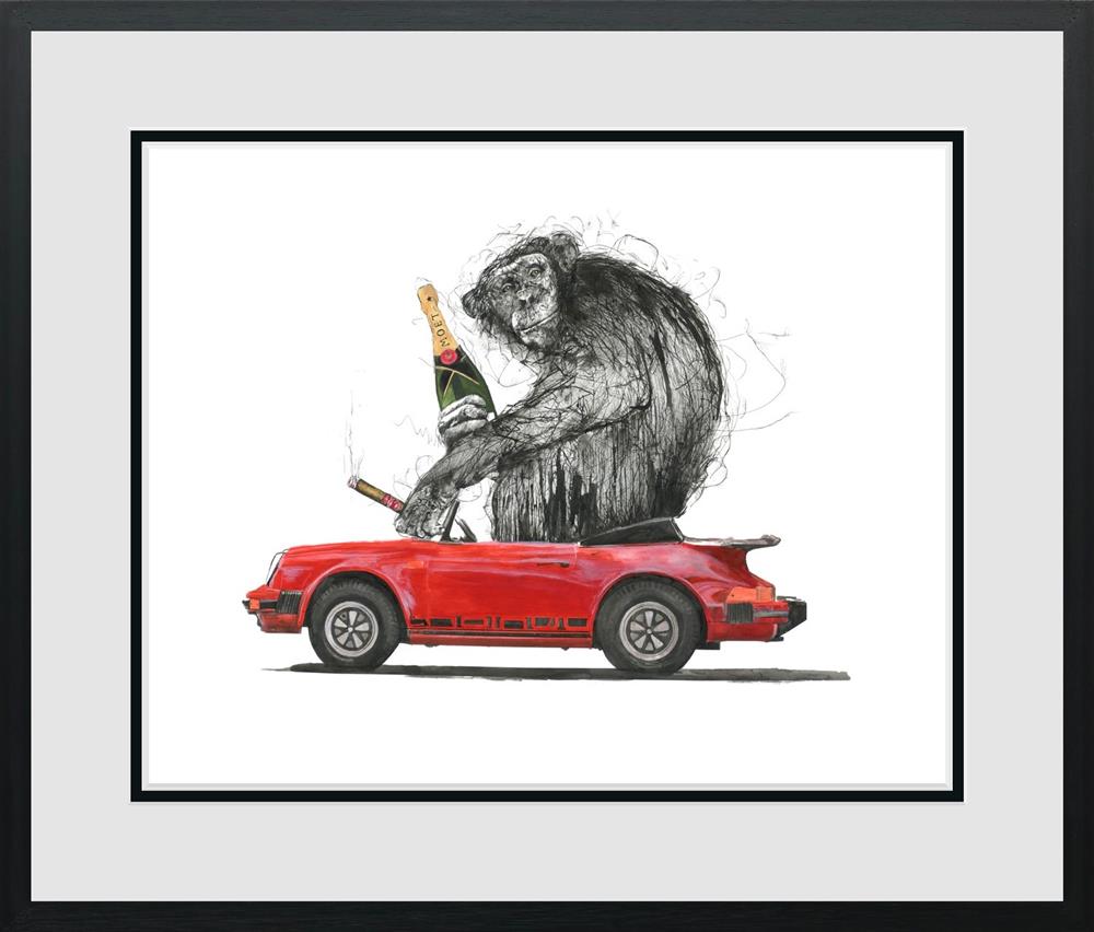 Limited edition giclee print "It's Just Rock And Roll Standard" by Scott Tetlow featuring iconic chimp family, hand signed, framed 29.5x34.5"
