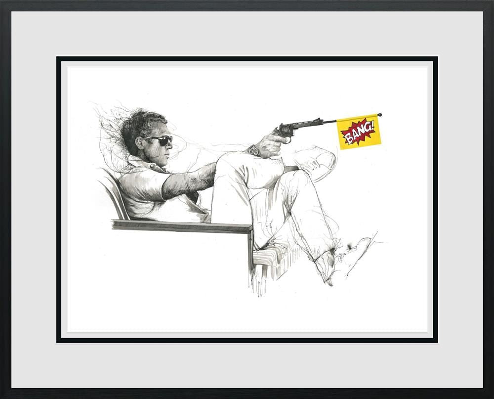 Limited edition print by Scott Tetlow, monochrome sketch of a reclining man aiming a pistol with a comic “BANG!” flag.