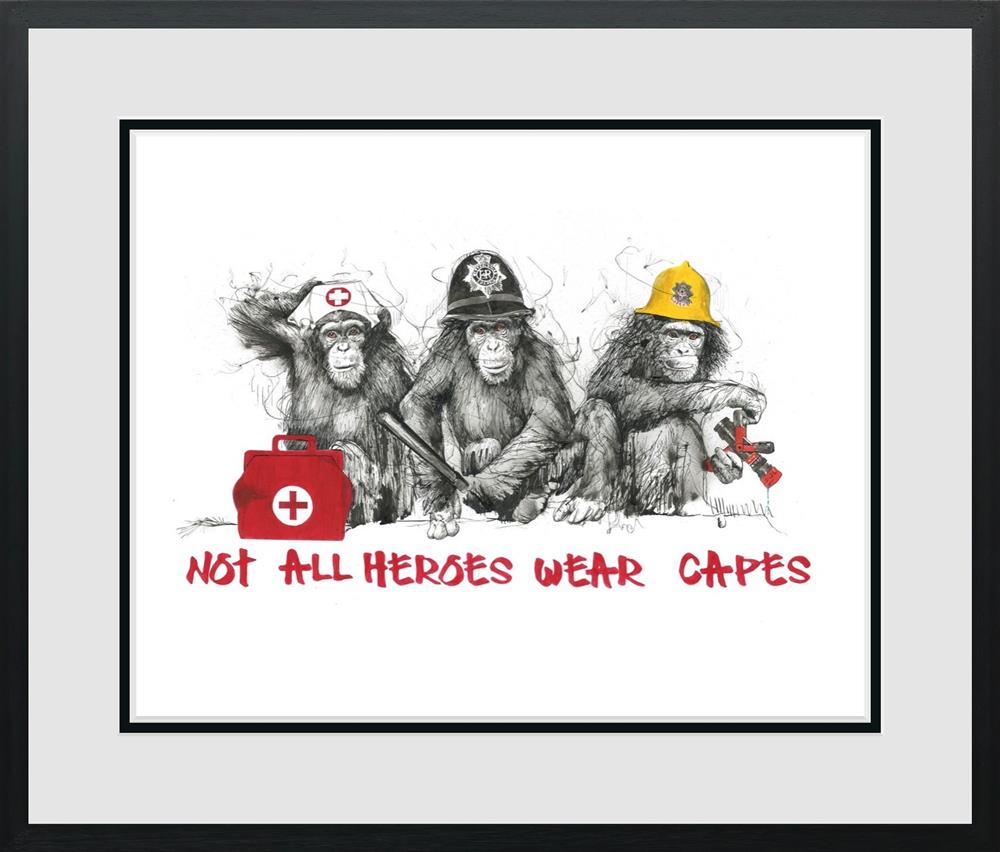 Limited edition giclee print "Not All Heros Wear Capes" by Scott Tetlow featuring iconic chimp family, hand signed