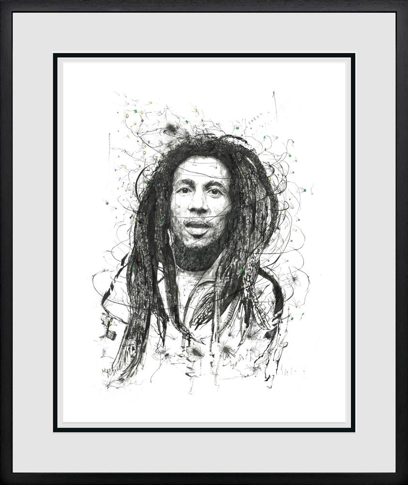 Limited edition print by Scott Tetlow depicting a black-and-white sketch portrait of Bob Marley with flowing dreadlocks and subtle green accents