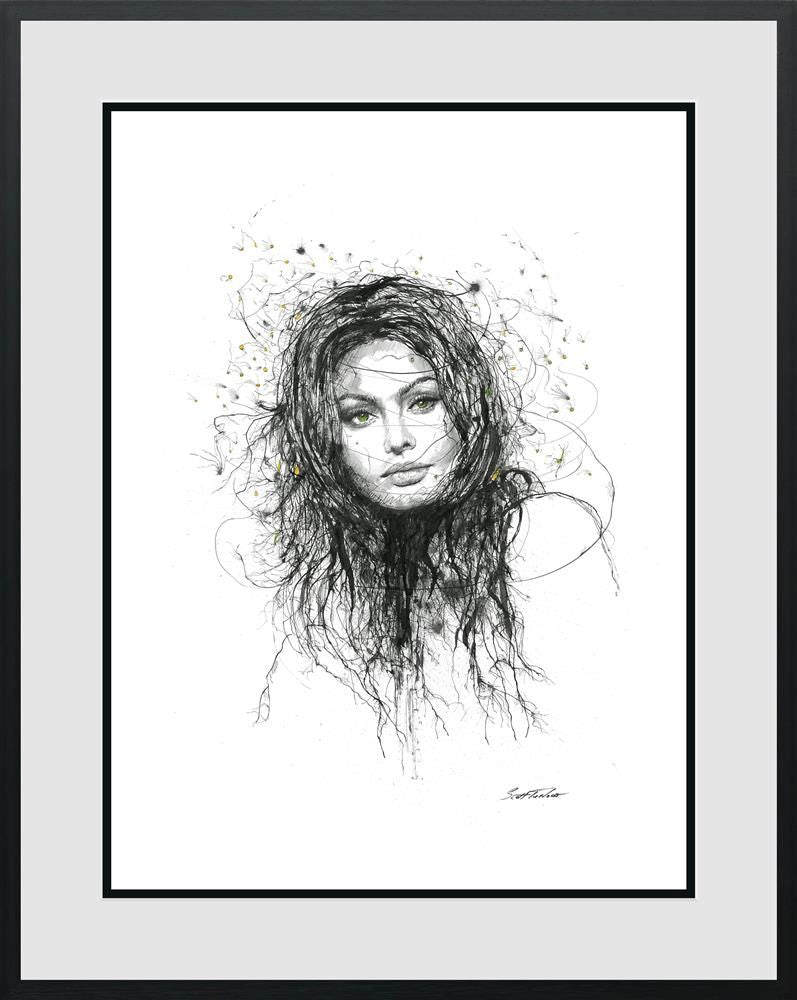 Limited-edition print by Scott Tetlow, black-and-white sketch portrait of a woman with loose flowing hair and subtle yellow accents.