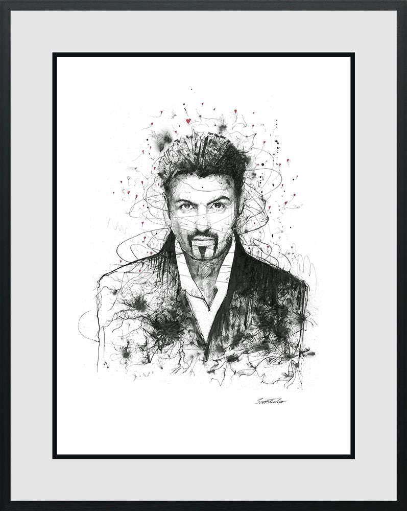 Limited edition print by Scott Tetlow, black-and-white ink portrait of George Michael with expressive splatter details.
