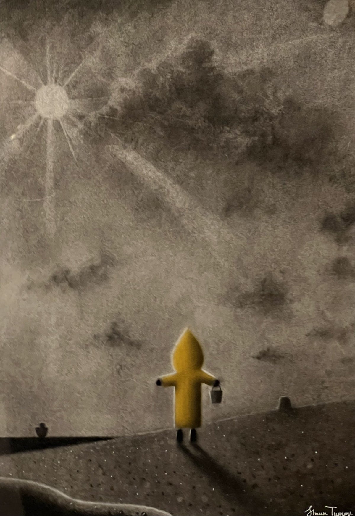 Original charcoal drawing by Shaun Tymon, depicting a small figure beneath a cloudy sky with a radiant sun