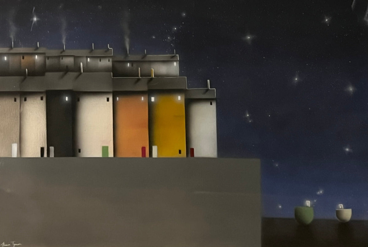 Original acrylic painting by Shaun Tymon, featuring a coastal row of muted colourful houses beneath a dark starry sky.
