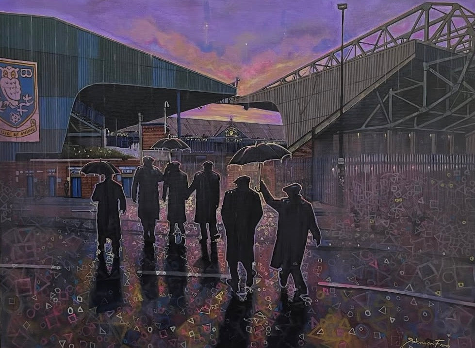 A framed print of Sheffield Wednesday football fans excitedly walking towards the stadium on match night. Buy from The Acorn gallery. Delivery available. Tel 01759 307652.