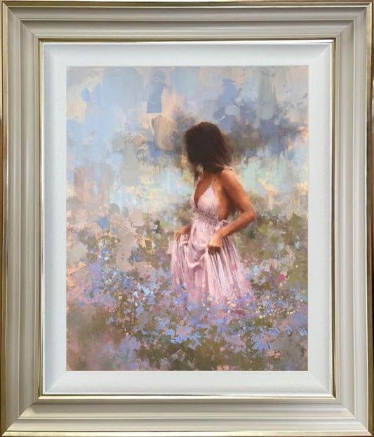 Blue Magic by Tony Hinchliffe, a beautiful limited edition canvas print of a young woman in a pink dress walking through a flower meadow. Available from The Acorn Gallery in Pocklington. Order online or call us on 01759 307652.
