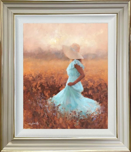 Tony Hinchliffe Hunters Moon Canvas - The Acorn Gallery, Pocklington, a beautiful limited edition canvas print of a young woman in a blue dress walking through a cornfield. Order online or call us on 01759 307652