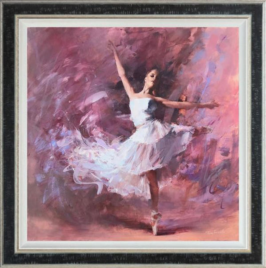 Symphony by Tony Hinchliffe, a beautiful limited edition canvas print of a graceful young female dancer in a white dress. Available from The Acorn Gallery in Pocklington. Order online or call us on 01759 307652.
