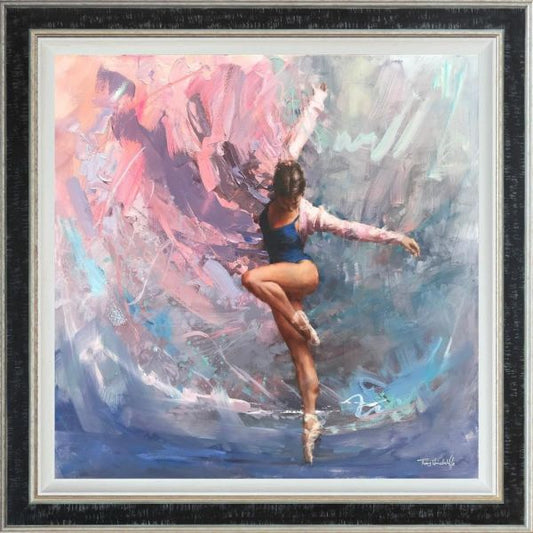 Synchronicity by Tony Hinchliffe, a beautiful limited edition canvas print of a graceful young female dancer in a blue leotard. Available from The Acorn Gallery in Pocklington. Order online or call us on 01759 307652.
