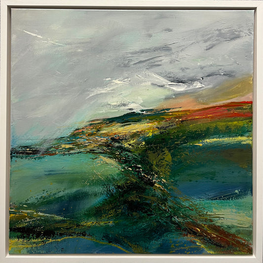 Abstract painting with a mix of green, blue and gray colors. Art by Ali Kippax at The Acorn Gallery in Pocklington. Call 01759 307652.