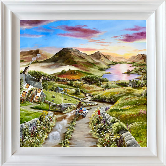 Quirky original painting of a couple exploring the highlands and lochs and castles on their motorbike! Painting by artist Caroline Deighton is available from The Acorn Gallery in Pocklington. Delivery available. Shop online or call 01759 307652.