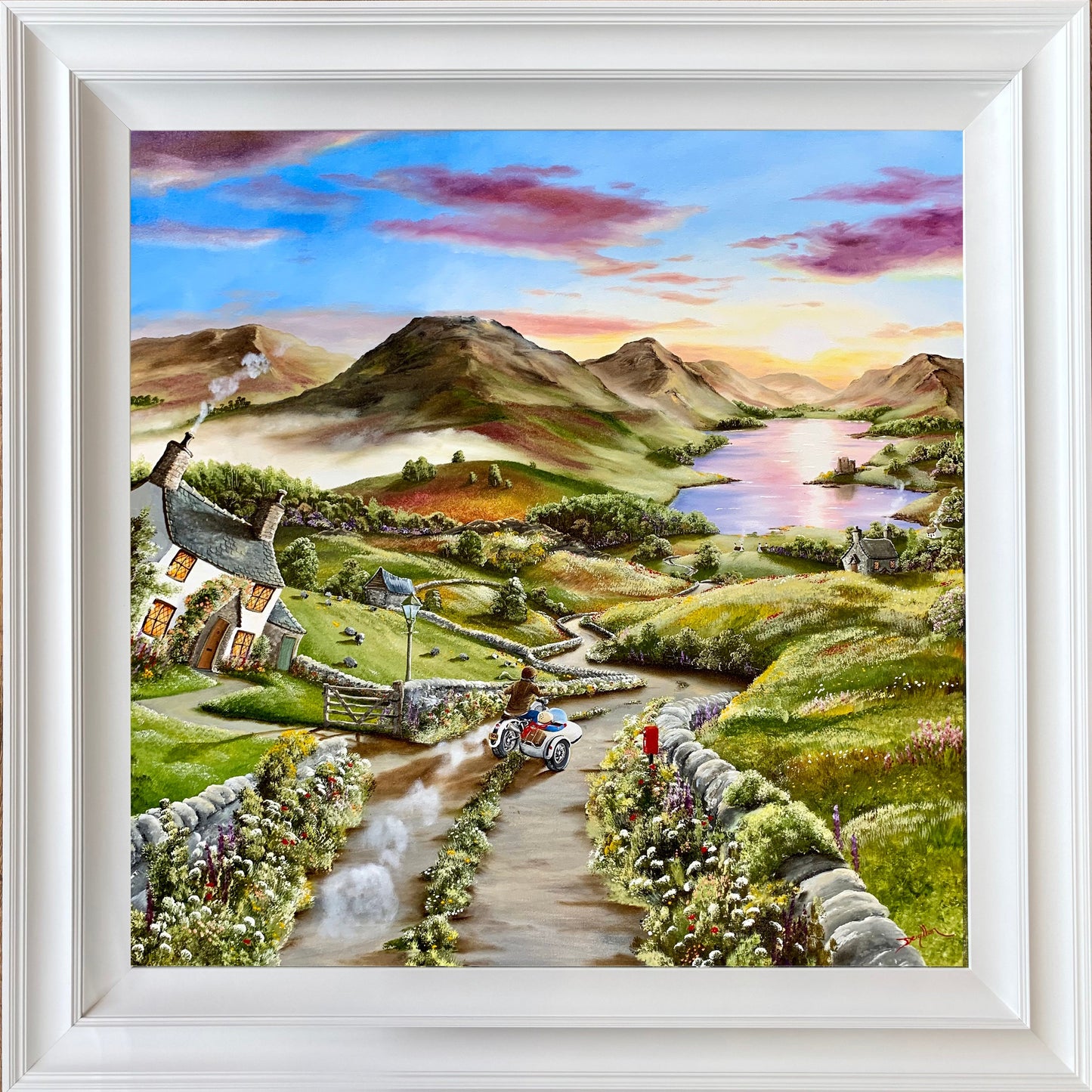 Original acrylic painting Castle On The Peninsula by Caroline Deighton of couple on motorbike and sidecar