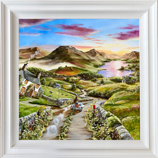 Original acrylic painting Castle On The Peninsula by Caroline Deighton of couple on motorbike and sidecar