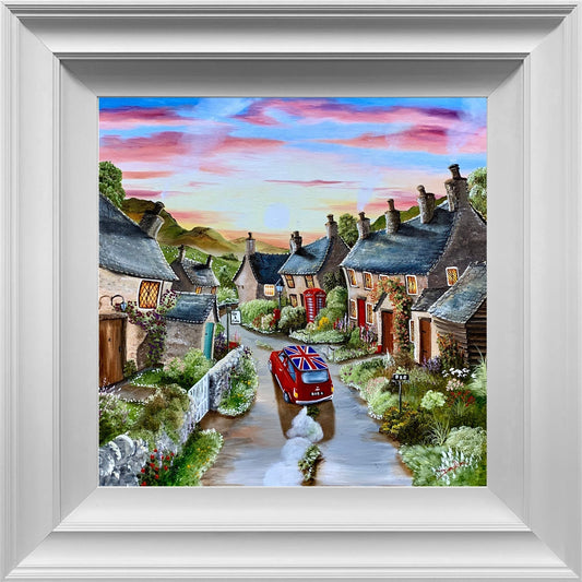 Stopping Off for Tea and Cake original acrylic painting by Caroline Deighton of a couple near a countryside tea room