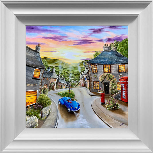 Quirky original painting of a couple driving through a pretty village with a bakery. painting by artist Caroline Deighton is available from The Acorn Gallery in Pocklington. Delivery available. Shop online or call 01759 307652.