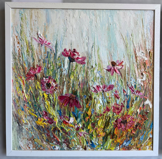 Original textured oil painting of a colourful wildflower meadow with pink, white and yellow blooms against a soft pastel background, created with expressive impasto by Yulia Lisle.