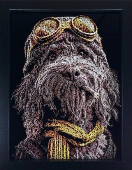 Doodles is a shaggy dog with goggles on his head and a matching yellow scarf. Buy original Zalini Art at The Acorn Gallery, Pocklington. Viist us or shop online or simply call us on 01759 307652. Delivery available.