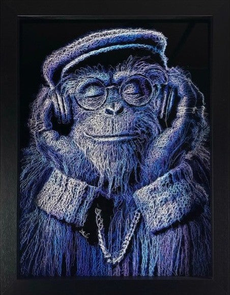 A happpy chimpanzee in headphones listening to music. This Zalini Art Original is available at The Acorn Gallery, Pocklington, Shop Online with Free Secure UK delivery.