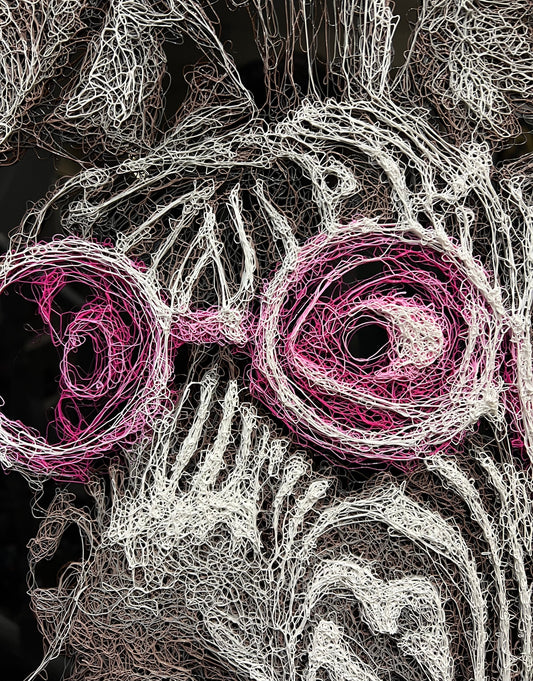 Close up of the Zalini scribble technique as seen in this zebra piece titled partners in crime by the artist Zalini showing at The Acorn Gallery in Pocklington.
