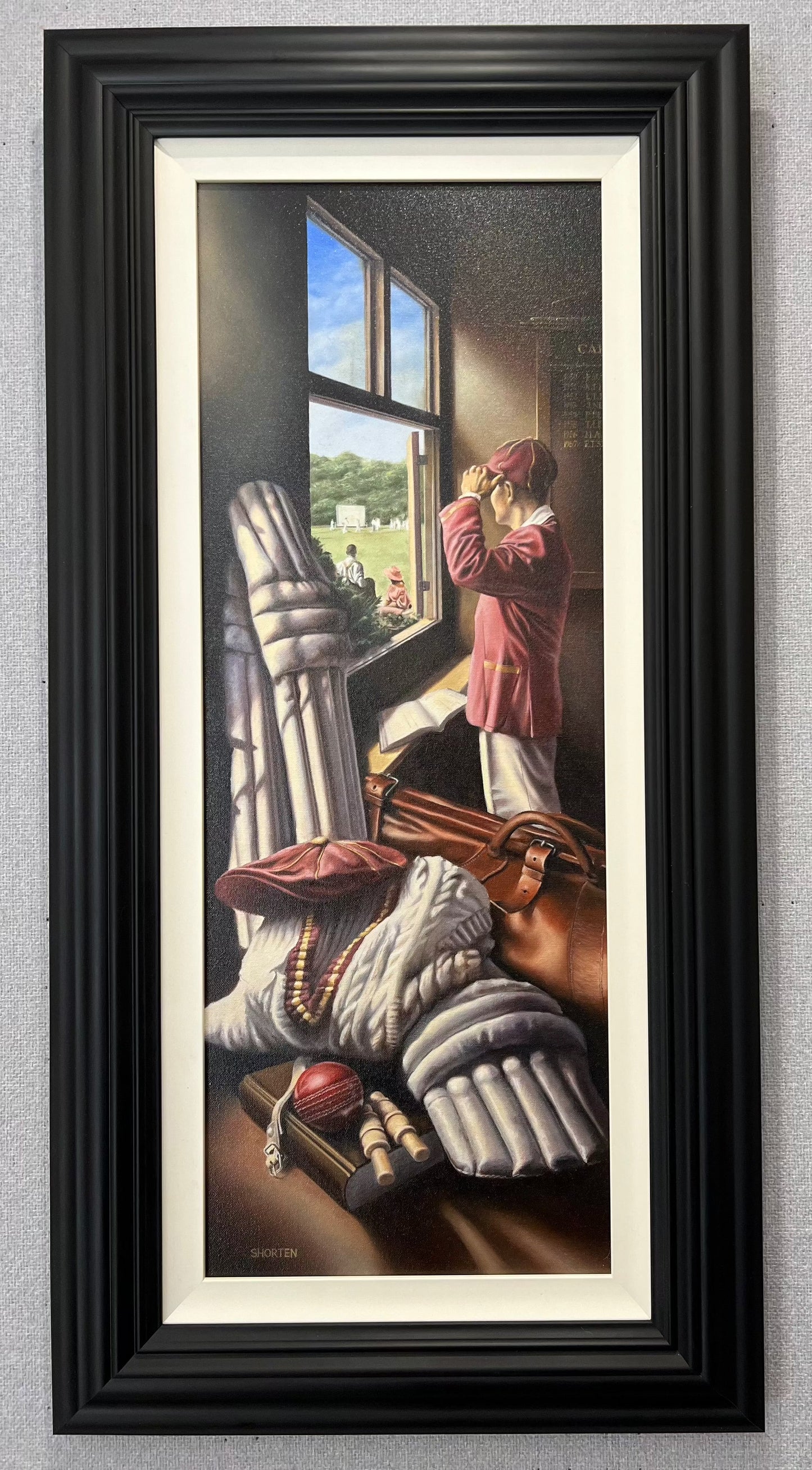 Stunning Tim Shorten Cricket themed original painting Keeping the Score, available from The Acorn Gallery, Pocklington. FREE UK Delivery. Visit us or Buy Online.