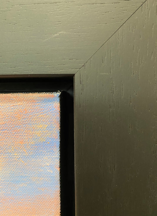 Close-up of framed acrylic painting Rome At Evening Time by Phillip Bissell showing canvas texture and frame corner