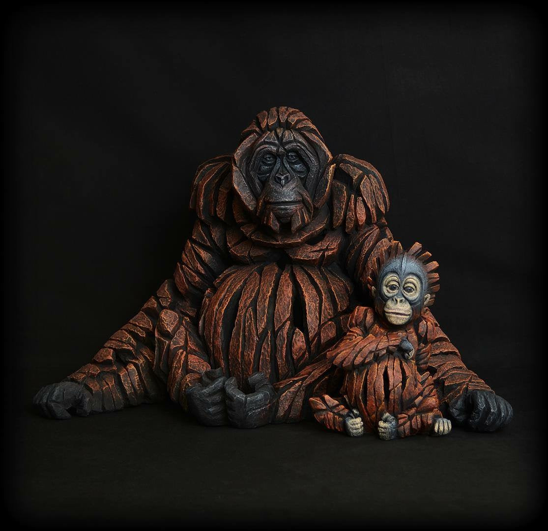 EDGE Sculpture ceramic polystone adult orangutan sculpture with baby on black background