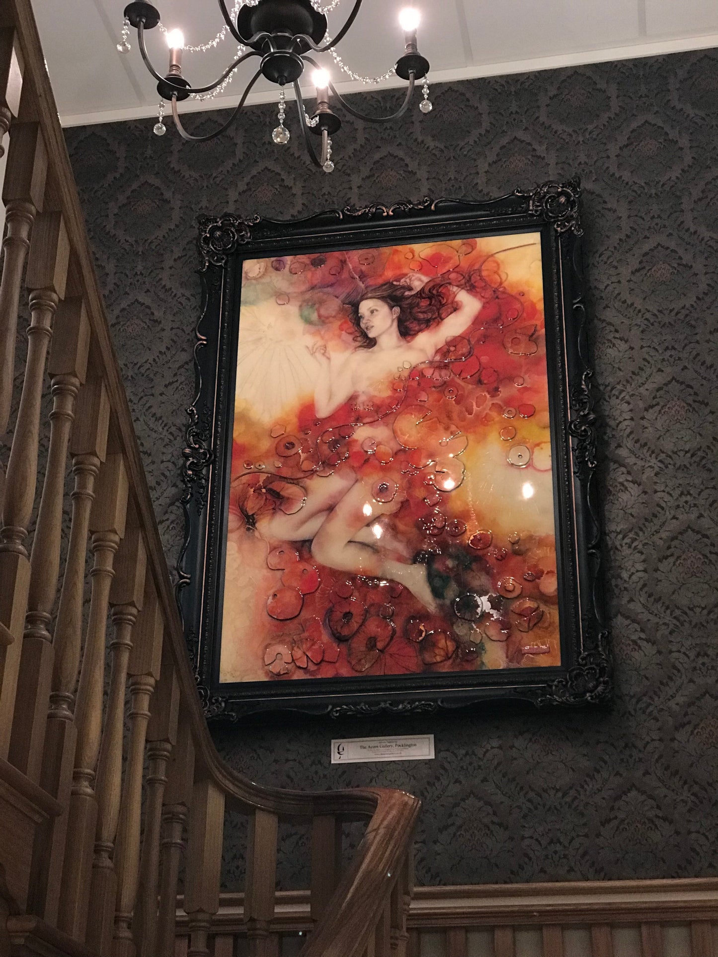 Sakura Extra Large limited edition mixed media artwork by Kerry Darlington in ornate black frame displayed on patterned wall near staircase
