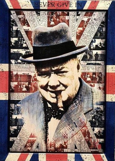 Made in Britain original mixed media artwork by Rob Bishop featuring a portrait with Union Jack background and motivational text "Never Give Up"