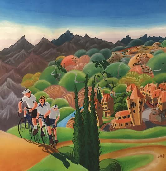 The Cyclists And The Hill limited edition print by Alister Colley showing cyclists ascending a hill with colorful village and mountains in the background