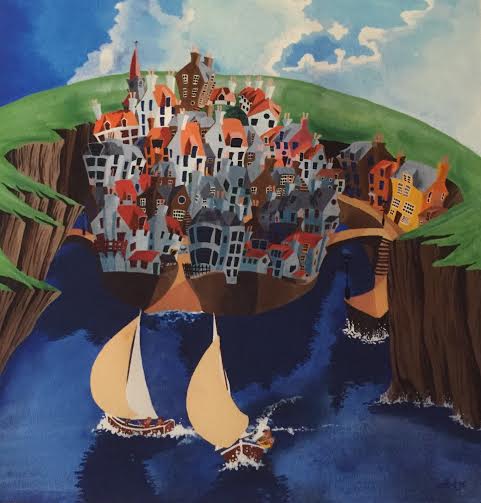 Limited edition giclee print of a vibrant coastal town with sailboats by Alister Colley, hand signed and certificate included.