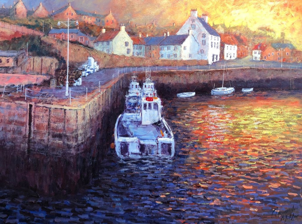 Canvas print by Alexander Millar, colourful painted Crail harbour with boats, stone pier, white cottages and glowing sunset reflections.