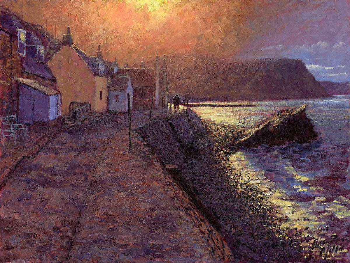 Canvas print by Alexander Millar, with a coastal village in warm orange and purple tones and shimmering water after a storm.
