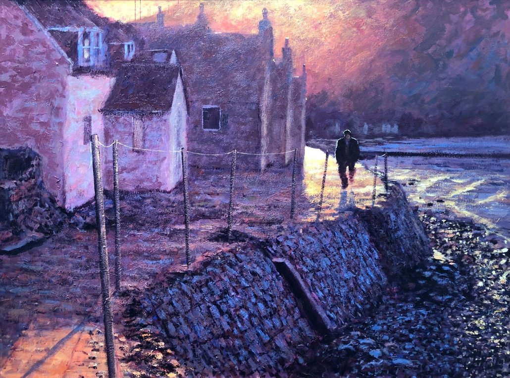 Canvas print by Alexander Millar depicting a stone coastal village and lone figure in purple, pink and gold twilight tones, with textured brushwork.