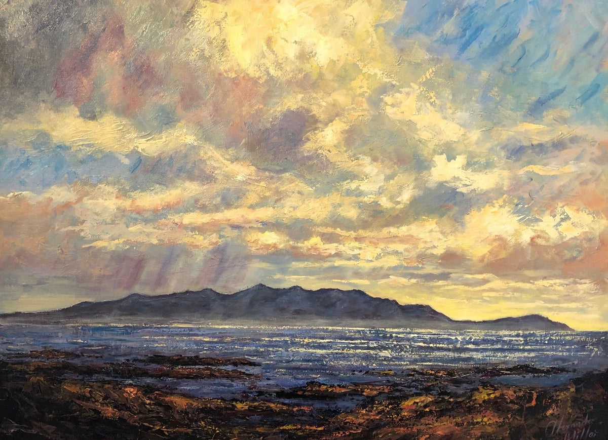 Landscape canvas print by Alexander Millar, with a rugged island silhouette, dark shoreline, and expressive gold and blue clouds.