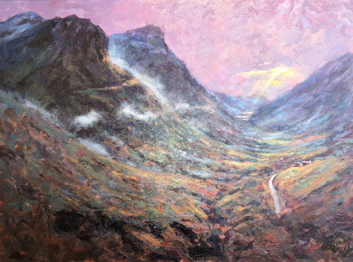 Canvas print by Alexander Millar depicting a rugged Scottish glen in muted greens and browns beneath a pink sky, with a winding road.