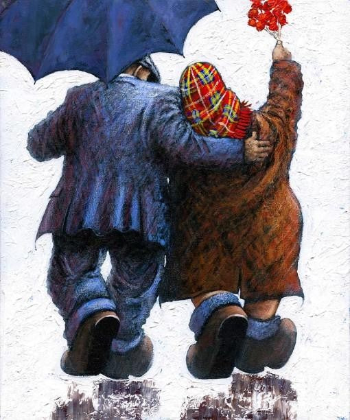 Limited edition giclee print Say It With Flowers by Alexander Millar showing affectionate couple with umbrella and flowers