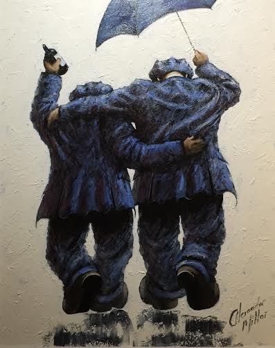 Oil painting "Braving The Storm" by Alexander Millar depicting two men walking closely under an umbrella in rainy weather