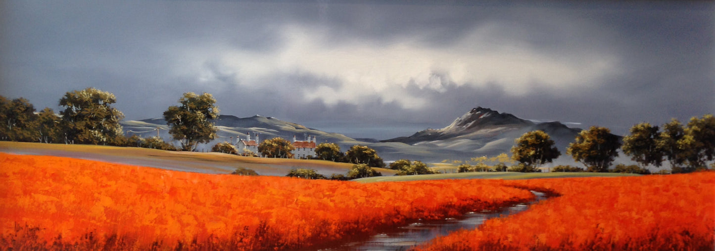 Away To The Hills original oil painting by Allan Morgan featuring vibrant orange fields and distant hills