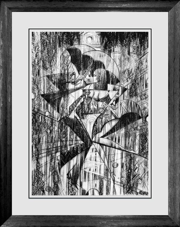 Limited edition print by Andrei Protsouk, black-and-white sketch with abstract figures, city architecture, and bold lines in a dark frame.