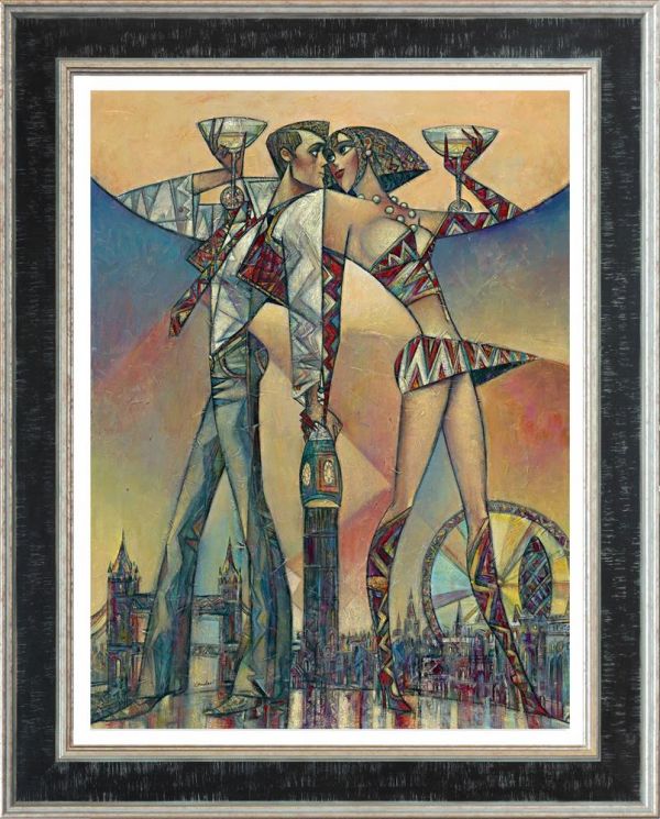 Hand embellished canvas by Andrei Protsouk, depicting stylized figures above Big Ben in warm tones with geometric patterns, framed in black.