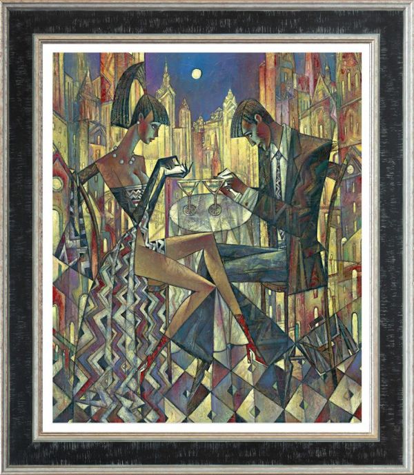 Hand embellished canvas by Andrei Protsouk, depicting a seated couple in a colorful geometric cityscape, in a black frame.