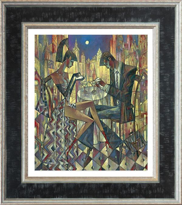 Hand embellished canvas print by Andrei Protsouk, featuring a colorful geometric city scene with two figures in a silver frame.