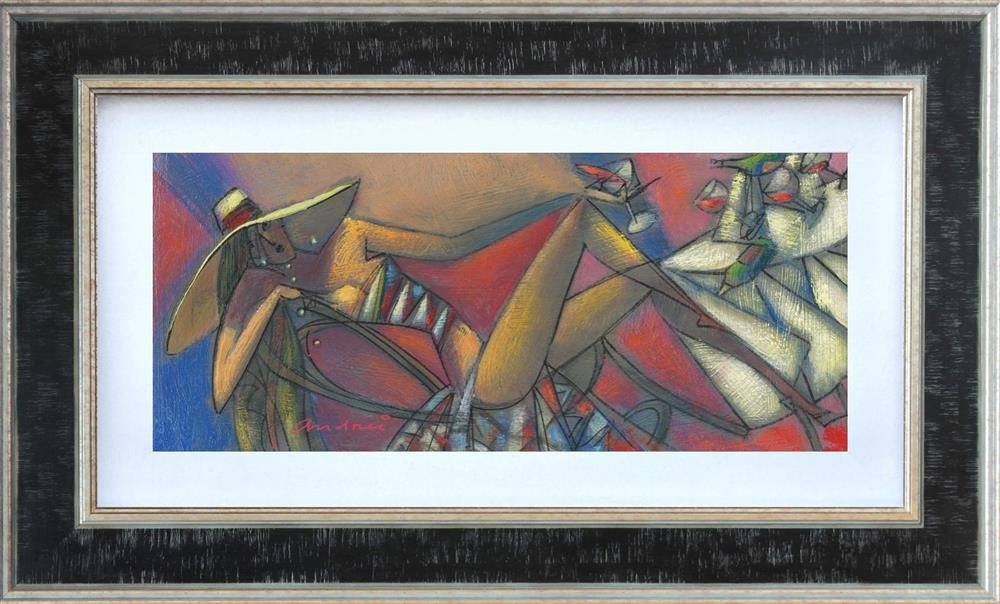 Hand-embellished canvas print by Andrei Protsouk, featuring a colorful abstract scene with angular figures and red, blue and gold tones.