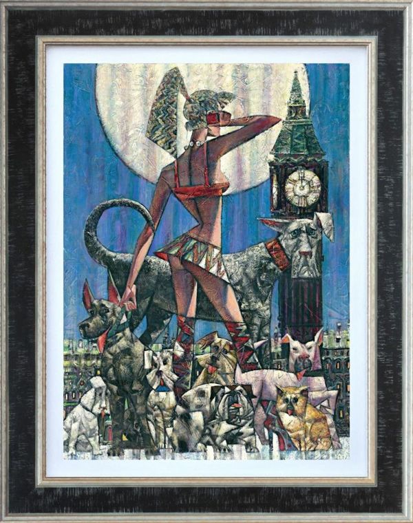 Hand embellished canvas by Andrei Protsouk, featuring a geometric hound beneath a moon with Big Ben and city details